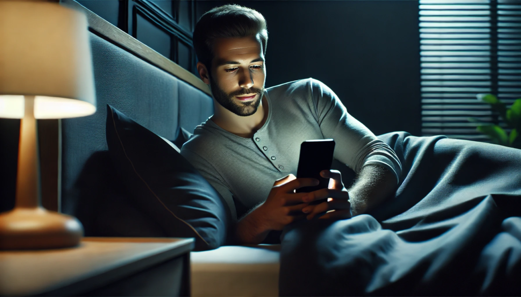 a man looks at his phone in bed